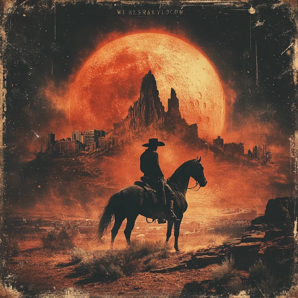 A lone cowboy on horseback silhouetted against a massive, blood-red moon.  Behind him lies a desolate, rocky landscape featuring a crumbling city nestled against a towering mountain.  The overall tone is dark and apocalyptic, evoking a sense of mystery and unease. The image has a vintage, almost poster-like quality, with a textured background.
