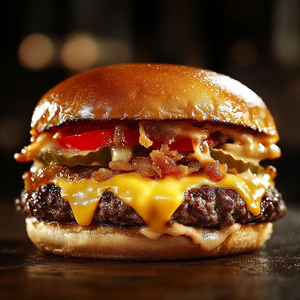 A juicy hamburger sits on a dark wooden surface.  The toasted bun holds a perfectly cooked patty, melted cheddar cheese, crisp lettuce, tomato slices, and pickles.  Crispy fried onions and a creamy sauce add texture and flavor. The burger is glistening, showcasing its delicious ingredients.