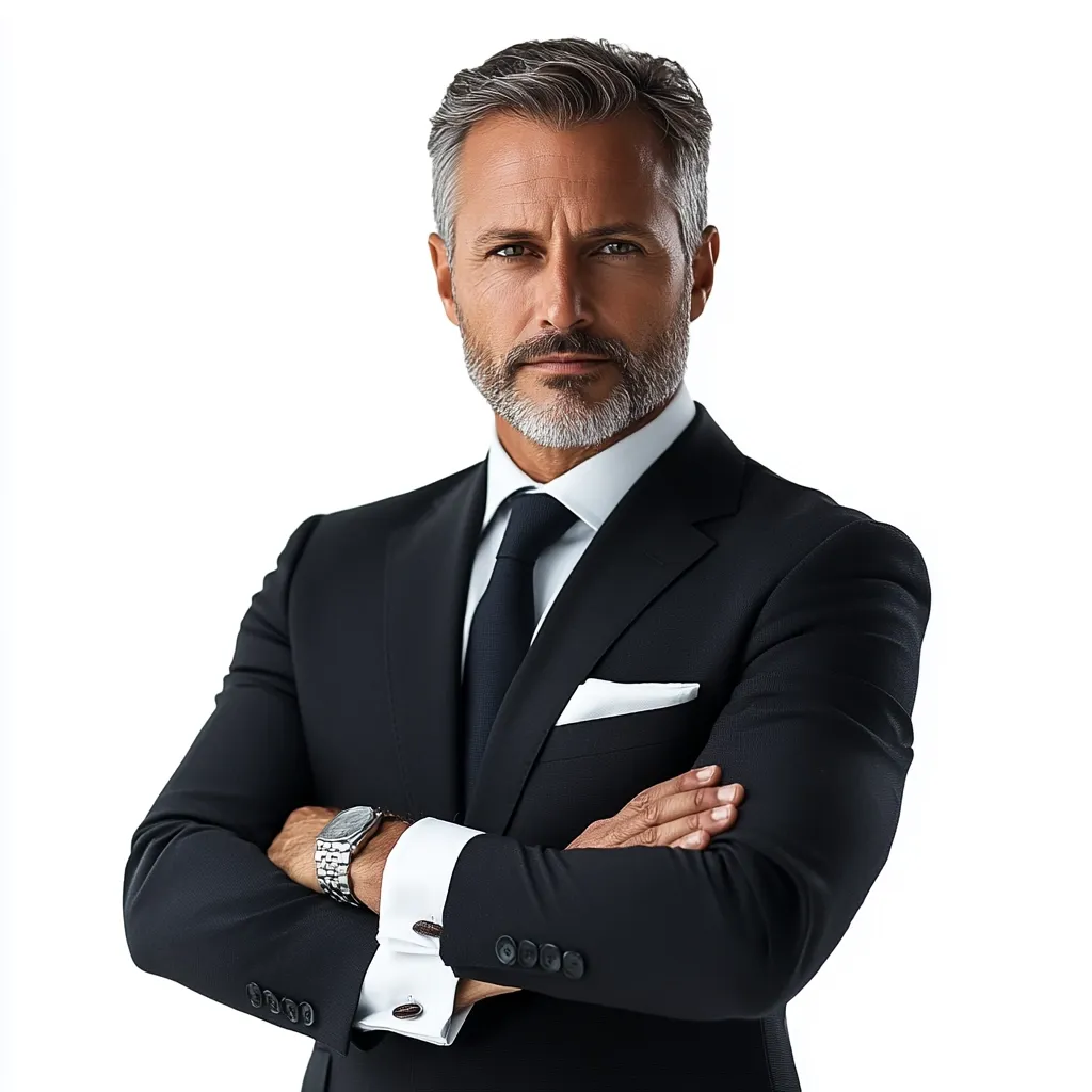 A mature man with salt and pepper hair, wearing a sharp black suit and crisp white shirt, stands with his arms crossed.  He sports a dark tie, cufflinks, and a wristwatch. His expression is serious and confident, projecting an air of authority and professionalism. The background is plain white, emphasizing the subject.