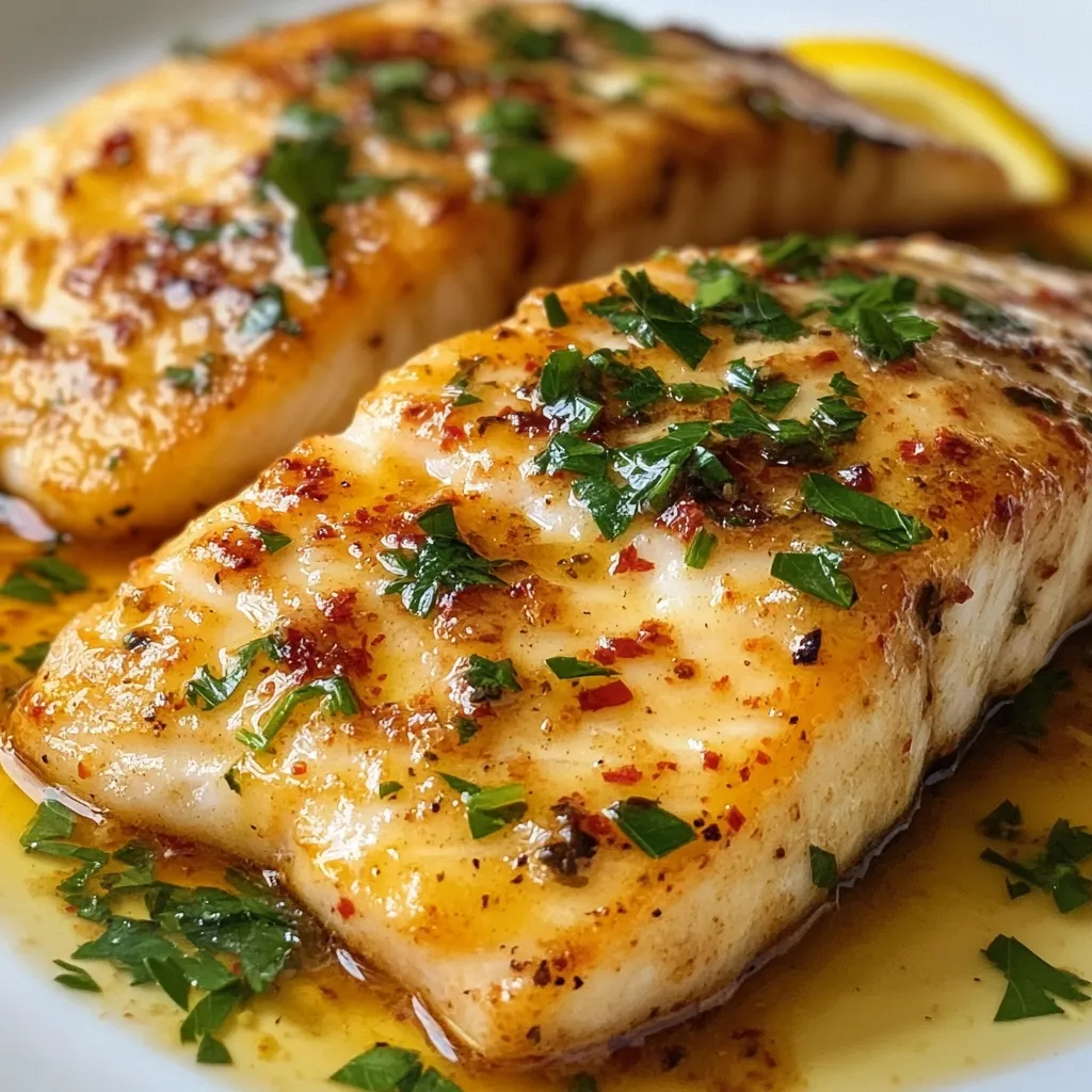 Two succulent pan-seared fish fillets, glistening with a flavorful buttery sauce, are the stars of this close-up shot.  The fish is delicately seasoned, showcasing a golden-brown crust and tender white flesh.  Fresh parsley is sprinkled generously over the top, adding a vibrant green contrast to the rich, savory dish.  A hint of lemon is visible in the background, suggesting a bright, citrusy element to the overall taste.