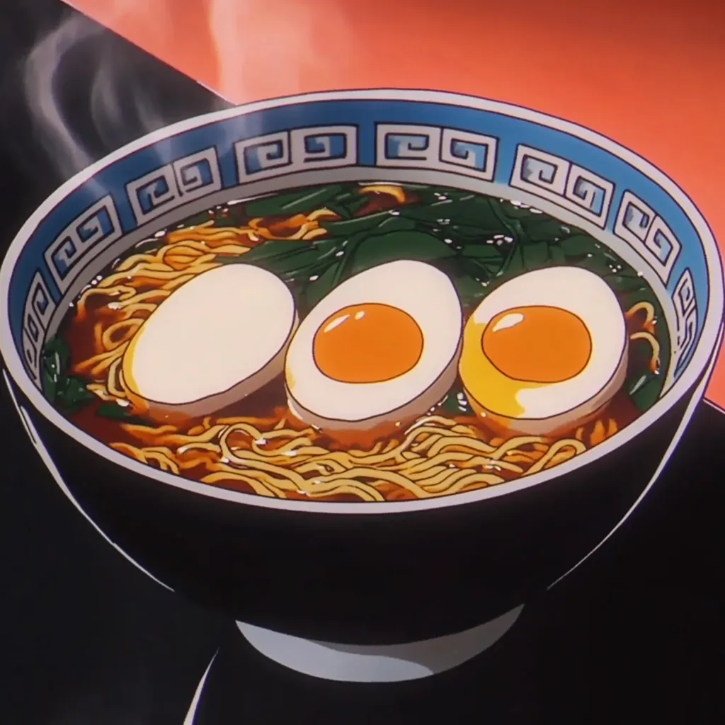 A steaming bowl of ramen noodles is depicted in an anime-style illustration.  The broth is dark, and three soft-boiled eggs sit atop the noodles.  Green spinach is visible beneath the eggs. The bowl is black with a blue and white patterned rim, suggesting a traditional design.  The overall style is vibrant and nostalgic, reminiscent of classic anime.