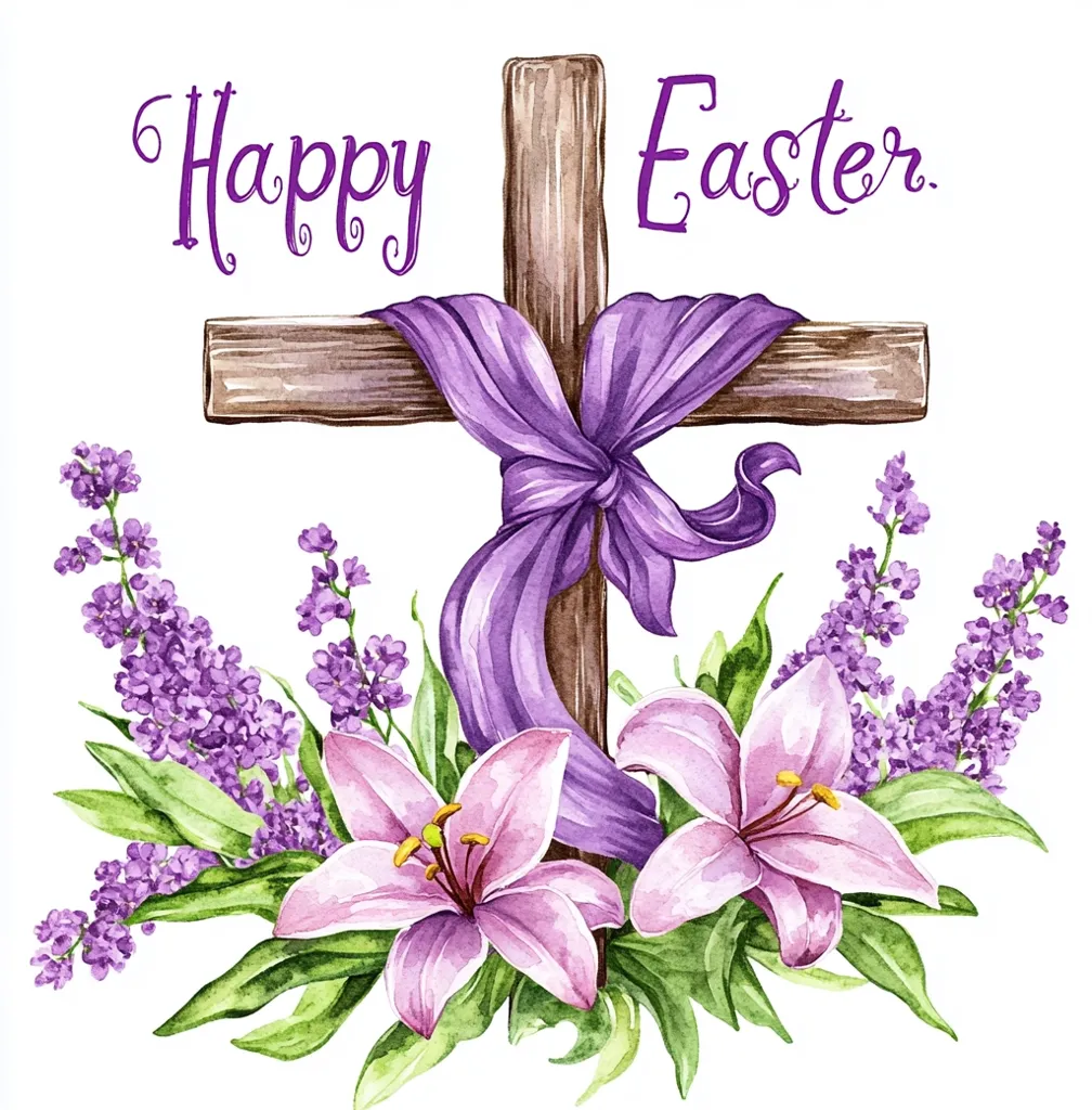 A watercolor painting depicts a rustic wooden cross adorned with a purple ribbon.  Surrounding the cross are delicate pink lilies and sprigs of purple lavender, creating a serene Easter-themed image. The words "Happy Easter" are elegantly scripted above the cross.  The overall aesthetic is peaceful and celebratory, conveying the spirit of the holiday.