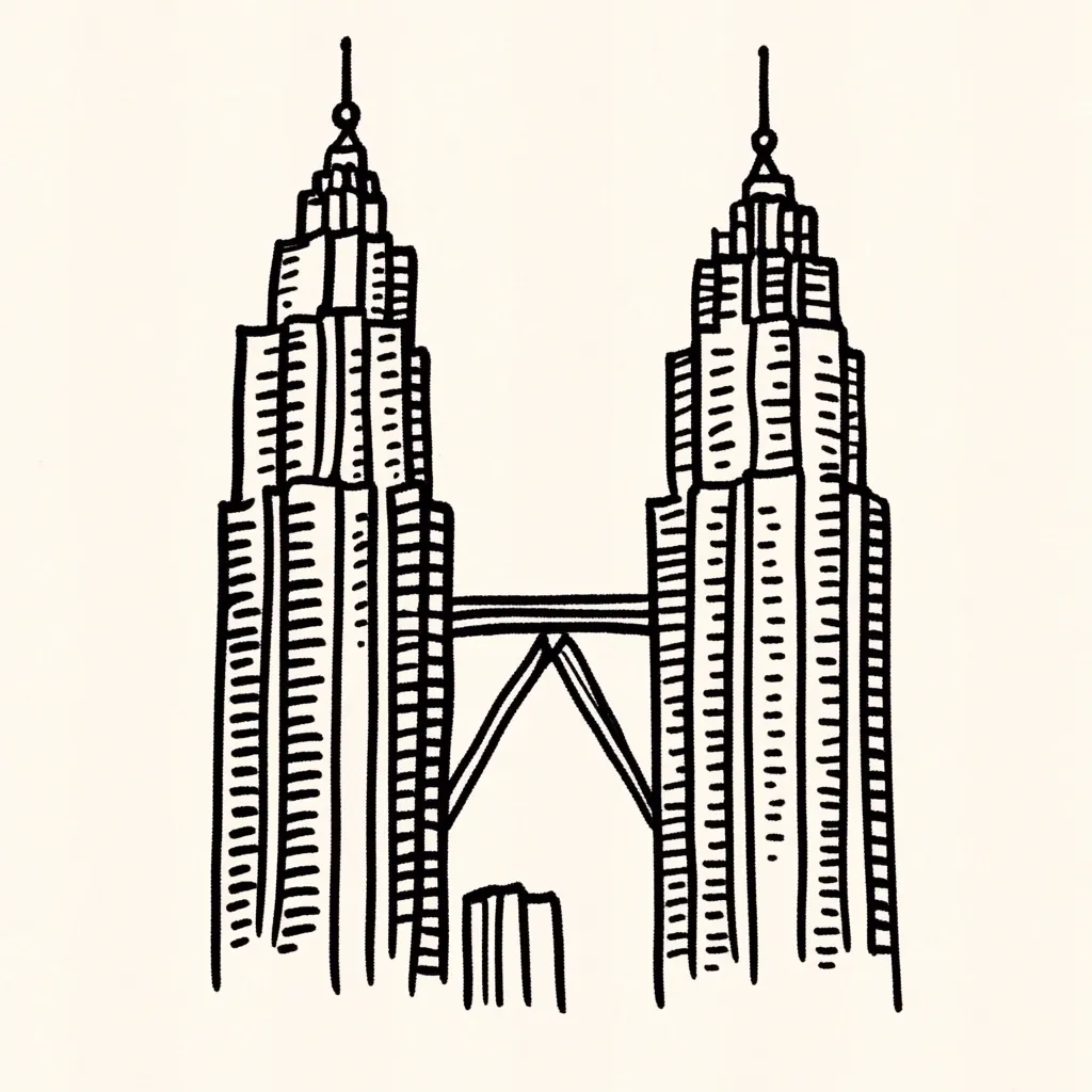 A hand-drawn illustration of the Petronas Twin Towers in Kuala Lumpur, Malaysia.  The black ink drawing depicts the two iconic skyscrapers connected by a sky bridge, rendered in a simple, stylized manner with hatched lines to create texture and depth. The overall style is clean and minimalist, focusing on the buildings' distinct shape and height.