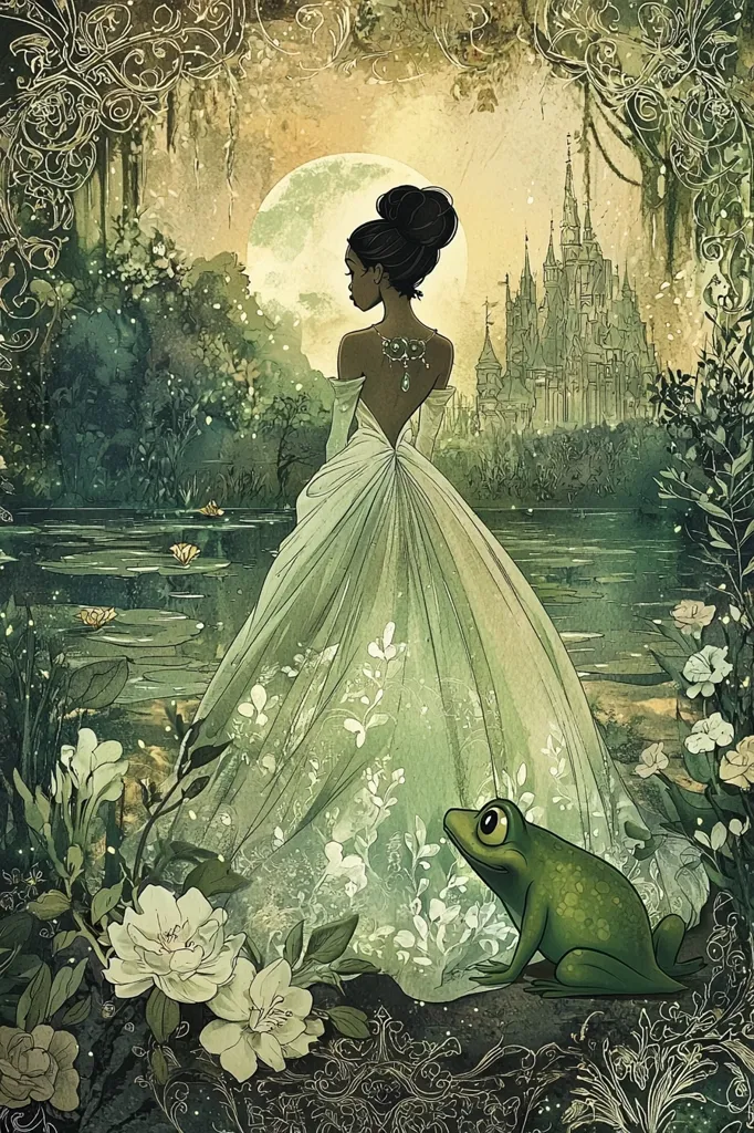 A princess in a flowing, pale green gown stands by a moonlit lake, her back to the viewer.  A distant fairytale castle is visible across the water.  A frog sits at her feet, gazing up at her. The scene is lush with swamp vegetation and ornate floral details, creating a magical, ethereal atmosphere reminiscent of a classic fairy tale.