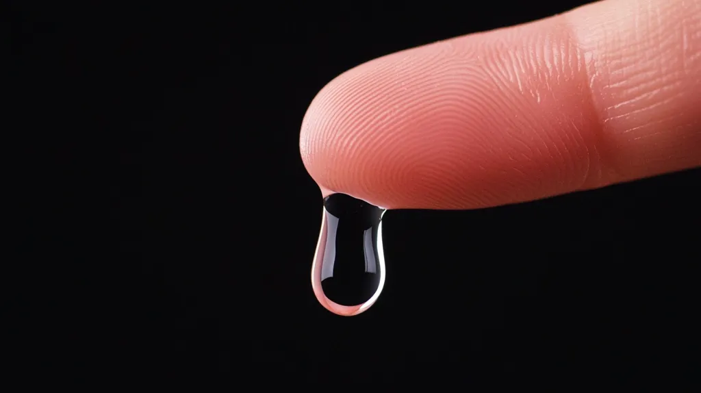 Close-up view of a fingertip against a black background. A single, clear drop of liquid hangs from the finger, about to fall. The detail of the fingerprint is visible on the skin's surface, enhancing the image's clarity and focus.  The contrast between the light, translucent droplet and the dark background makes the image striking.
