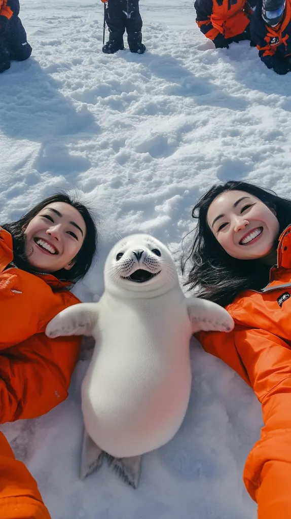 Two smiling women in bright orange parkas lie in the snow with a white seal pup.  The pup is positioned between them, its happy expression mirroring theirs. The snowy landscape stretches behind them, with figures of people in the distance. The scene evokes a sense of joy and wonder in a cold, beautiful environment.