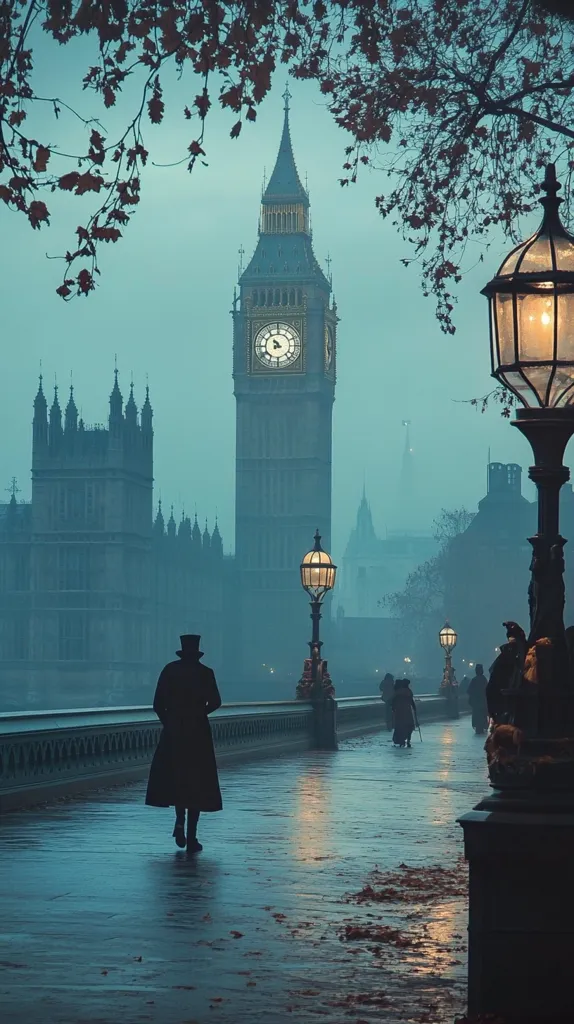 A lone figure in a top hat and long coat walks along a rain-slicked London bridge at dusk.  The Houses of Parliament and Big Ben loom in the misty background, their silhouettes stark against the muted teal sky. Gas lamps cast a warm glow on the wet cobblestones, creating a captivating, atmospheric scene reminiscent of a Victorian novel.  Fallen leaves scatter the path, adding to the melancholic beauty.
