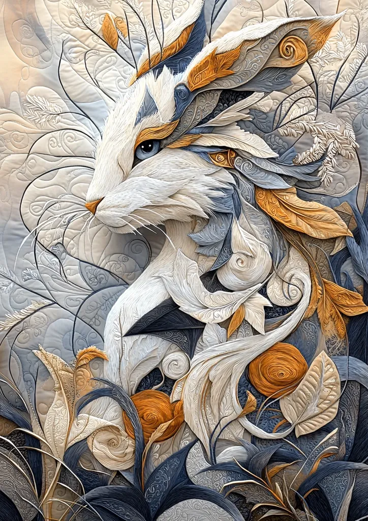 A stunning textile art piece depicts a stylized rabbit, its fur intricately sculpted from fabric to resemble feathers and leaves.  The rabbit's form blends seamlessly with the surrounding floral motifs, rendered in shades of white, gray, and burnt orange. The overall effect is one of elegant, three-dimensional intricacy, showcasing exceptional craftsmanship.