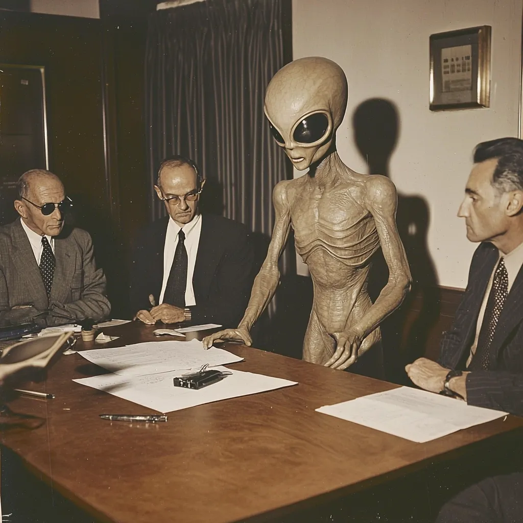A grayscale photo depicts a scene around a large wooden table. Three men in suits sit opposite a grey alien figure. The men appear serious, attentively focused on papers spread across the table. The alien, gaunt and seemingly frail, leans forward, its presence dominating the room.  The setting suggests a formal meeting, possibly an official government inquiry, filled with an unsettling tension.