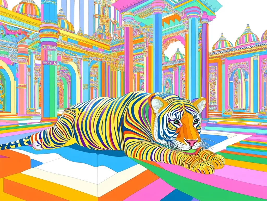 A vibrant, stylized tiger, rendered in bold yellow and blue stripes, rests on a platform within a fantastical, multicolored architectural setting.  The background features a complex structure reminiscent of a temple or palace, with numerous columns and domes, all rendered in a similarly bright, saturated color palette. The overall style is surreal and graphic, with strong lines and flat shading.