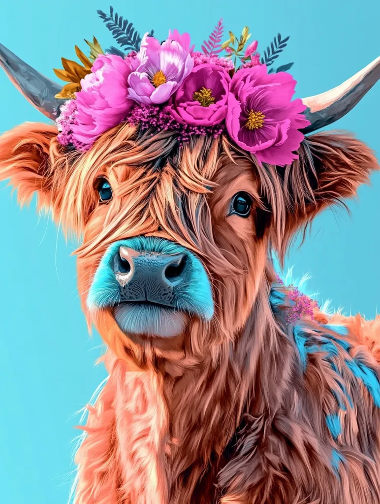 A Highland cow, its long, reddish-brown fur highlighted with splashes of teal, is adorned with a vibrant crown of pink and purple flowers.  The cow's expressive eyes and gentle demeanor are captivating against a light blue background.  The artistic style is painterly, emphasizing texture and color, creating a whimsical and charming portrait.