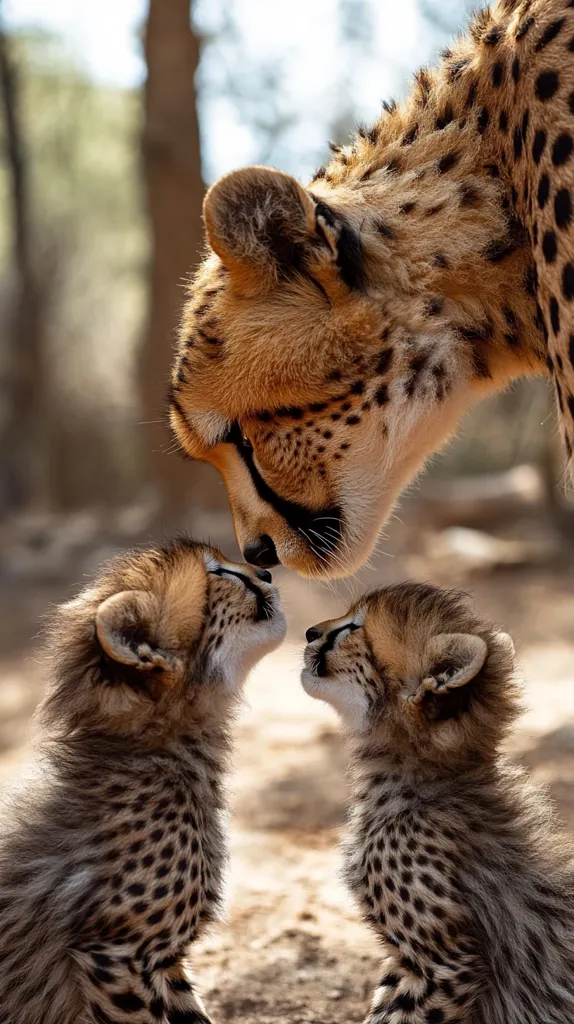 A heartwarming image captures a cheetah mother gently nuzzling her two adorable cubs.  The cubs look up at their mother with affection, their spotted coats mirroring hers.  The setting appears to be a natural, outdoor environment, with a blurred background of trees and earth tones.  The moment exudes tenderness and the strong bond within the cheetah family.