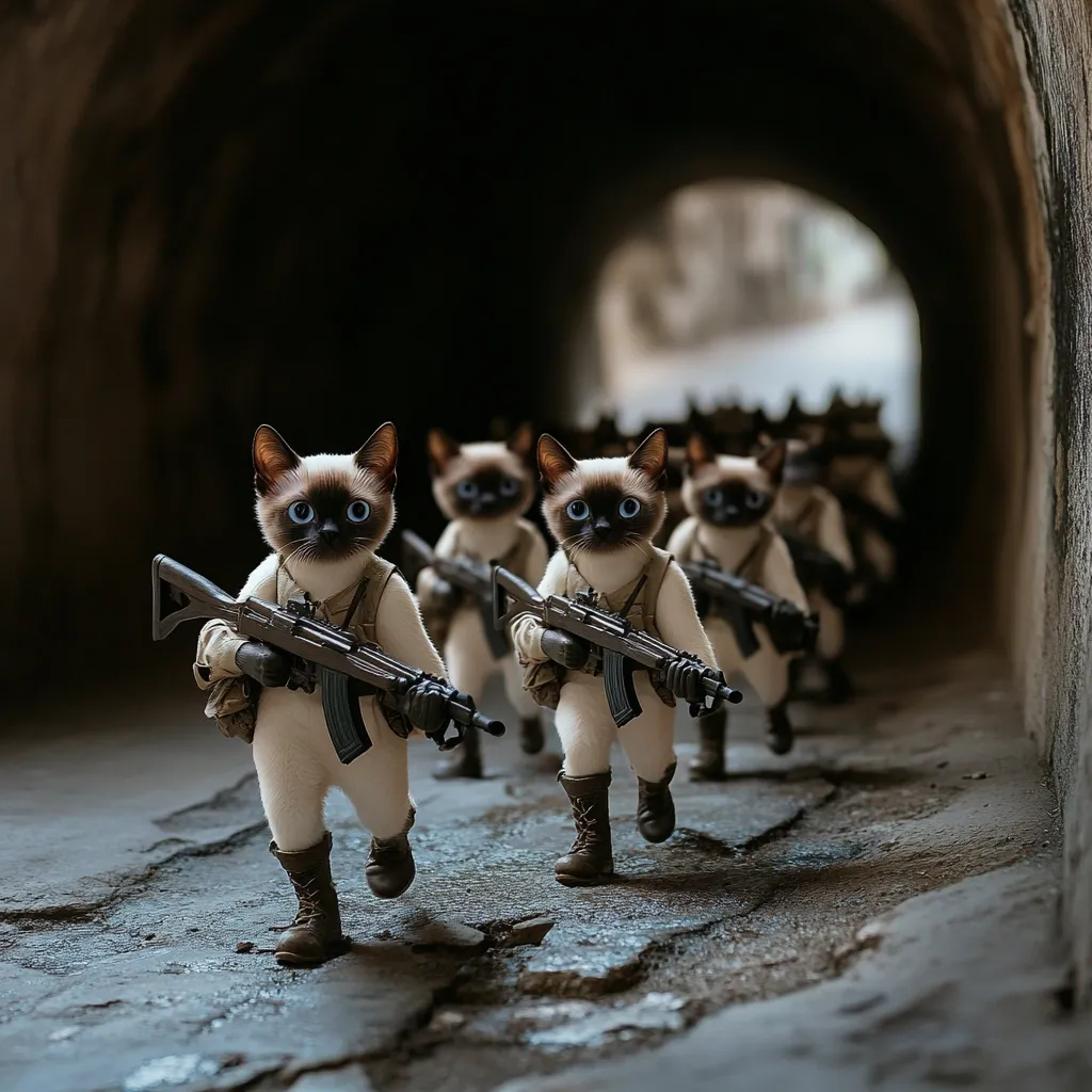 A line of Siamese cats in military attire marches through a dark tunnel.  Each cat carries an assault rifle, their serious expressions contrasting with their fluffy appearance.  The image is digitally altered, creating a surreal and humorous juxtaposition of cuteness and weaponry.  The cats are in formation, moving purposefully towards the light at the end of the tunnel.
