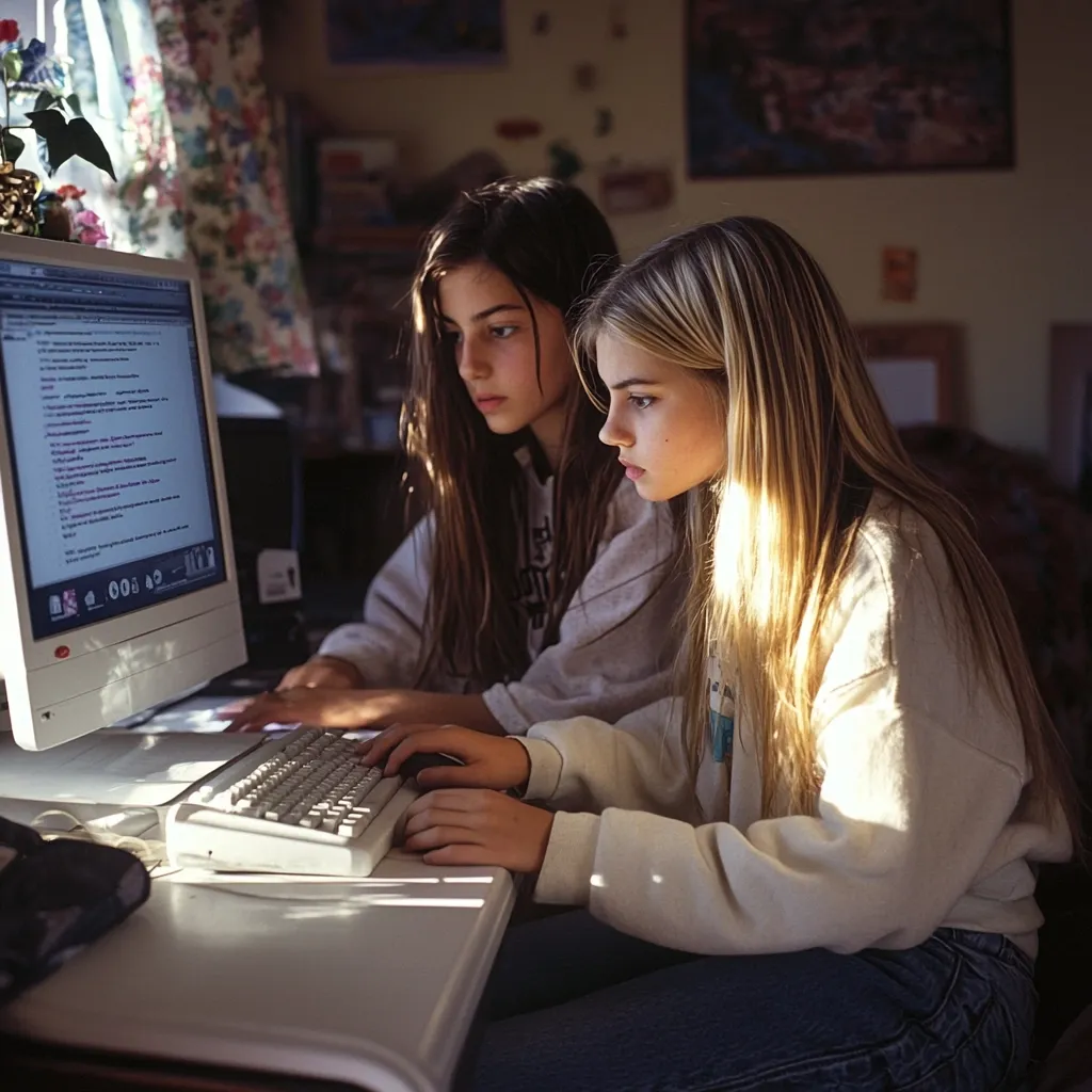 Two teenage girls sit at a desktop computer in a dimly lit room.  The girl in the foreground, with long blonde hair, is typing, while the girl behind her, with long brown hair, looks on.  The computer screen displays text, suggesting they are working on a project or assignment. The room's ambiance is casual and domestic, with visible curtains and wall art in the background.  The overall scene evokes a feeling of comfortable domesticity and shared activity.