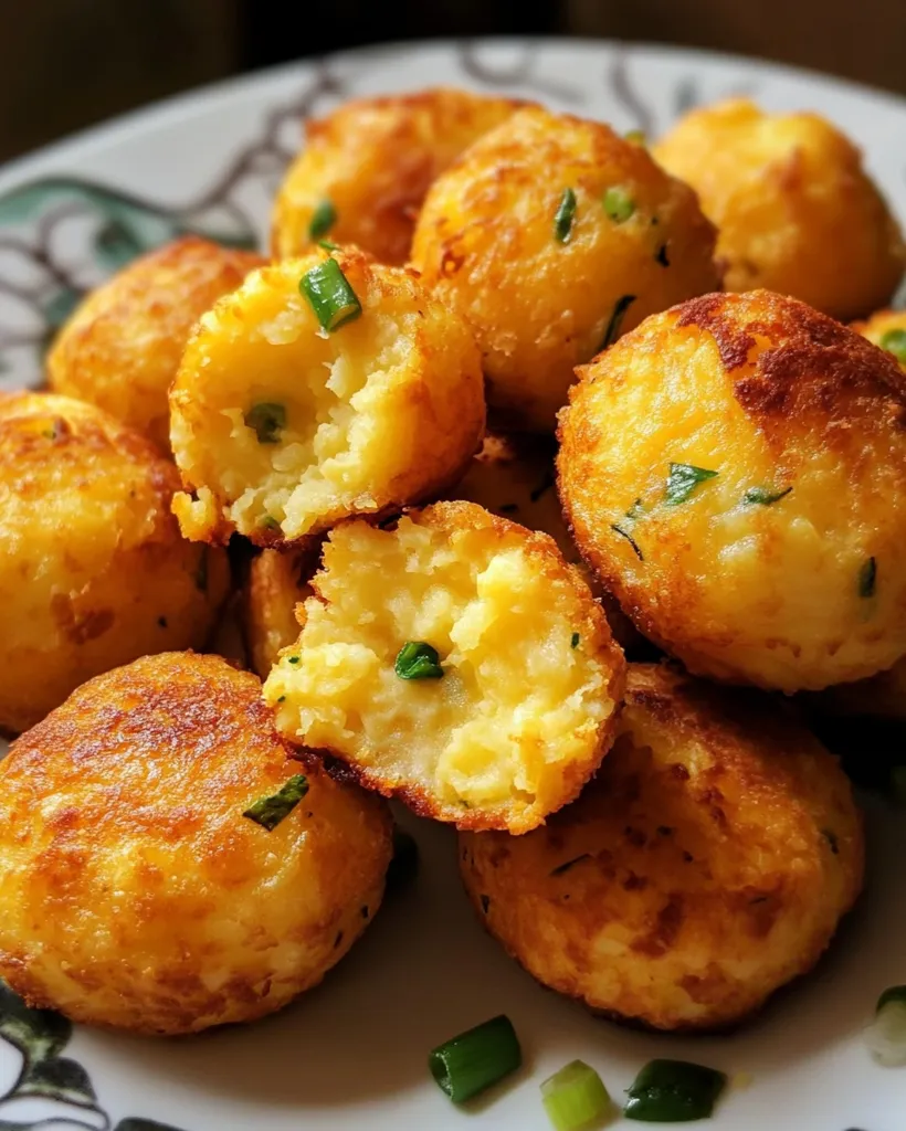 A close-up shot reveals a plate brimming with golden-brown potato croquettes.  Some are halved, showcasing a fluffy, pale yellow interior flecked with green onions. The exterior boasts a crispy, slightly browned texture.  The croquettes are piled haphazardly, creating a visually appealing and appetizing arrangement.  Sprinkled green onions add a touch of freshness.