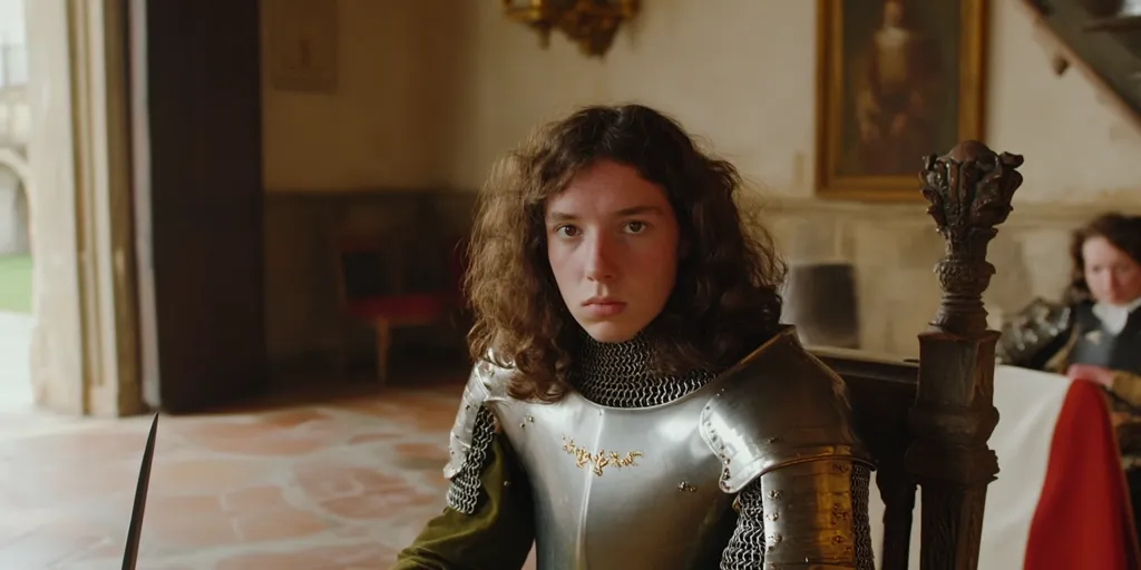 A young person with long, curly brown hair sits in an ornate chair, clad in medieval-style armor.  The armor is silver, with chainmail visible at the neck and sleeves.  The setting appears to be a grand, old house, with a painting on the wall and a glimpse of a hallway beyond.  A partially visible person in the background adds to the historical scene. A dagger is partially seen in the foreground.