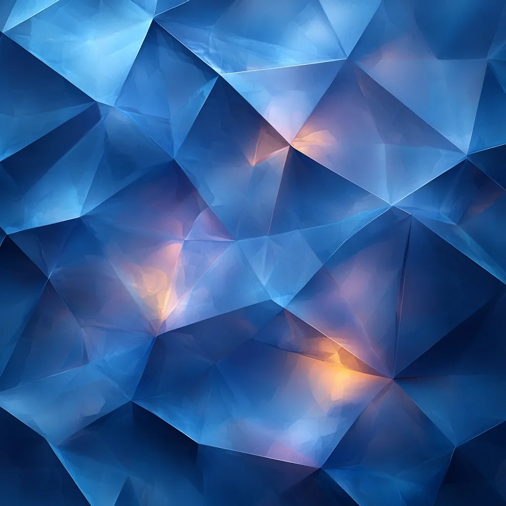 An abstract image showcases a dynamic interplay of deep blues and subtle oranges.  The composition features a multifaceted, low-polygonal structure, resembling a crystalline or faceted surface.  Light seems to emanate from within the structure, highlighting the individual facets and creating a sense of depth and luminosity.  The overall effect is one of shimmering, textured beauty.