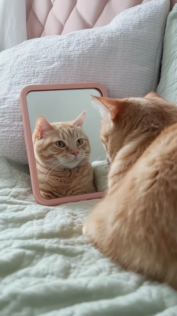 A ginger cat sits on a light green bed, gazing intently at its reflection in a small, pink square mirror.  The mirror shows a similar image of the cat, its face clearly visible.  The cat is positioned next to a white textured pillow on a pale pink headboard. The overall scene is calm and domestic.