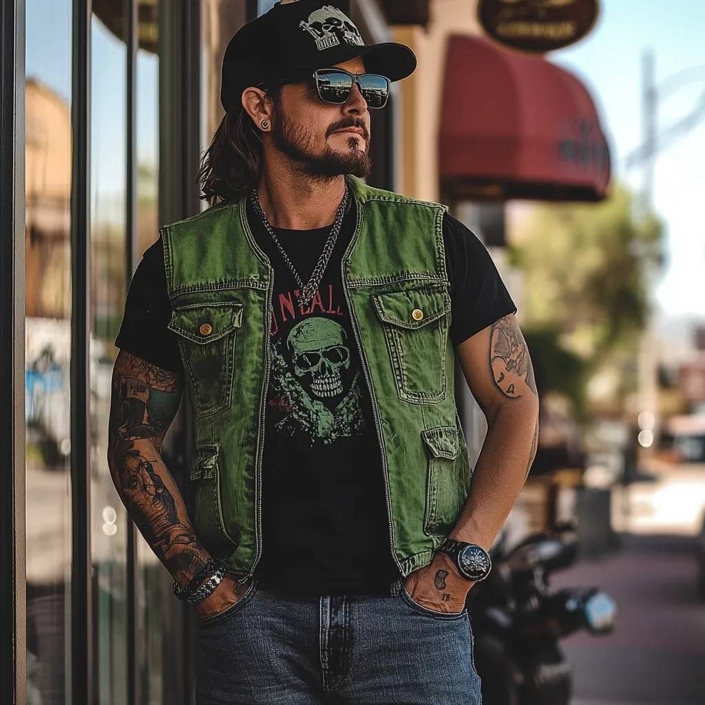 A man with long brown hair and tattoos stands outdoors, wearing a green denim vest over a black t-shirt featuring a skull graphic.  He's accessorized with a baseball cap, sunglasses, a necklace, bracelets, and a watch.  His hands are in his jeans pockets. The background suggests a city street with a blurred storefront.  He has a serious expression.