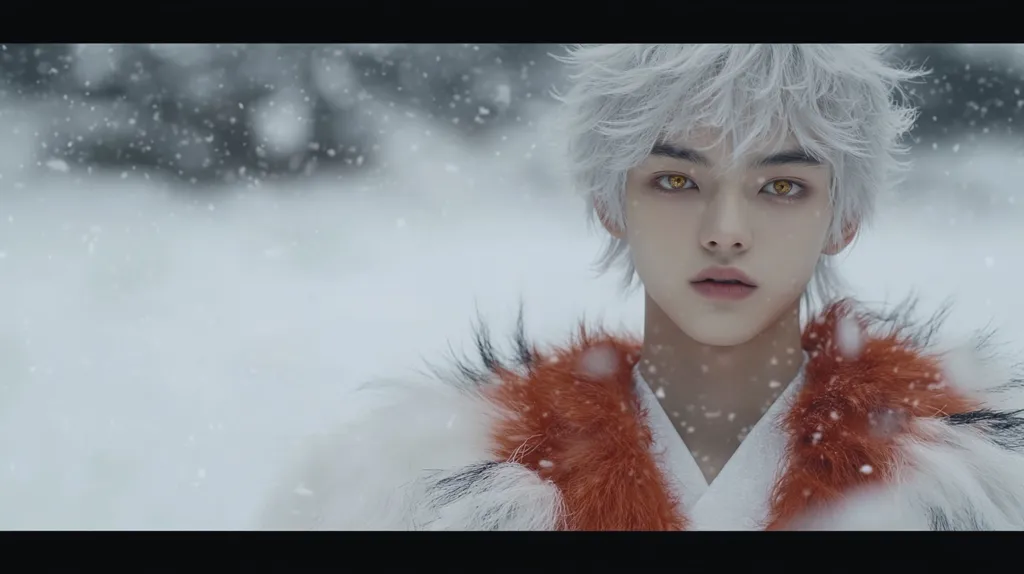 A young man with striking silver hair and golden eyes stands in a snowy landscape.  He wears a white kimono overlaid with a vibrant orange and white fur stole.  Snowflakes gently fall around him, creating a serene yet ethereal atmosphere.  His expression is calm and captivating, hinting at a mystical or otherworldly presence.  The image is beautifully stylized, with a focus on soft lighting and textures.