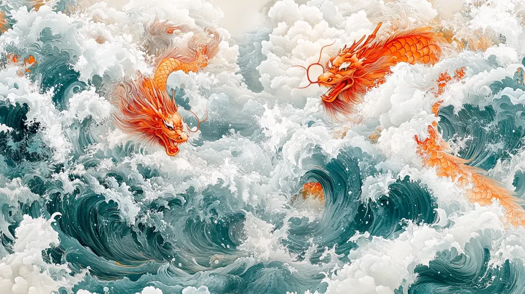Two vibrant orange dragons gracefully navigate tumultuous teal waves.  The dragons, depicted in a style reminiscent of East Asian art, are powerfully rendered amidst churning water, their scales and flowing manes detailed with precision.  The contrasting colors and dynamic composition create a striking visual narrative of strength and harmony within a chaotic scene.