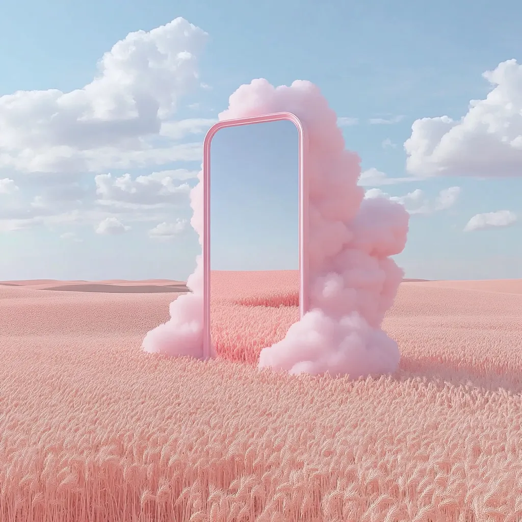 A tall, pink rectangular frame stands in a field of pale pink wheat under a light blue sky.  A fluffy, pink cloud-like formation partially obscures the frame, creating a dreamy, surreal landscape. The scene is soft and pastel, evoking a sense of peace and tranquility. The frame acts as a portal, suggesting a transition or journey.