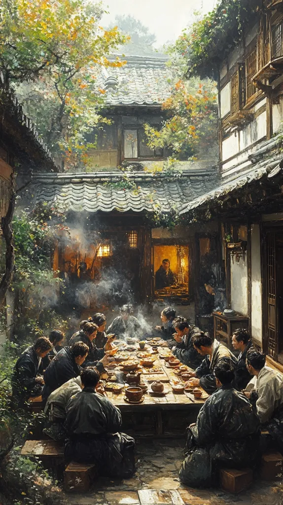 A captivating painting depicts a large group of people gathered around a long table laden with food in a tranquil courtyard.  The scene is set within a traditional East Asian building complex, with lush greenery and ancient architecture framing the convivial meal.  Smoke rises from the cooking area, adding to the atmospheric depth and suggesting a warm, communal feast.  The painting's style is realistic with a focus on rich textures and muted colors.