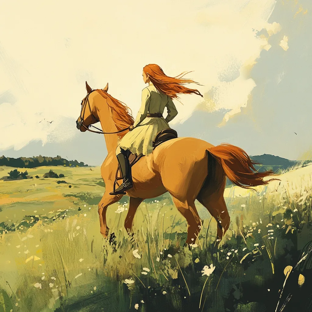 A woman with long, flowing red hair rides a chestnut horse across a sun-drenched meadow.  Wildflowers dot the landscape, and rolling hills stretch into the distance under a pale sky.  The woman, in a light-colored dress and riding boots, sits facing away, her gaze directed toward the horizon. The scene evokes a sense of freedom and tranquility.