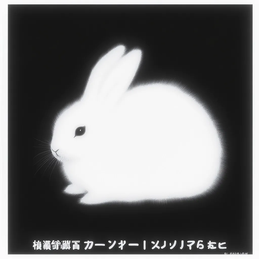 A stylized image depicts a fluffy white rabbit against a stark black background.  The rabbit is presented in a minimalist style, with soft, glowing edges.  Its features are subtly rendered, creating a serene and almost ethereal effect. The contrast between the rabbit and the background emphasizes its delicate form.  Japanese text is visible at the bottom.