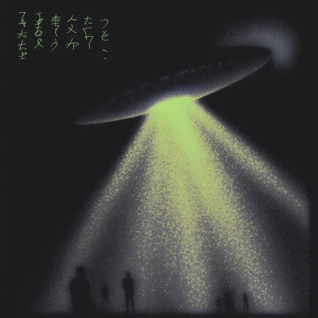 A dark image depicts a UFO hovering above a group of silhouetted figures.  A beam of pale yellow light emanates from the craft, illuminating the scene.  The figures appear small and insignificant against the vastness of the extraterrestrial object.  Japanese text is visible in the upper left corner. The overall mood is mysterious and slightly ominous.