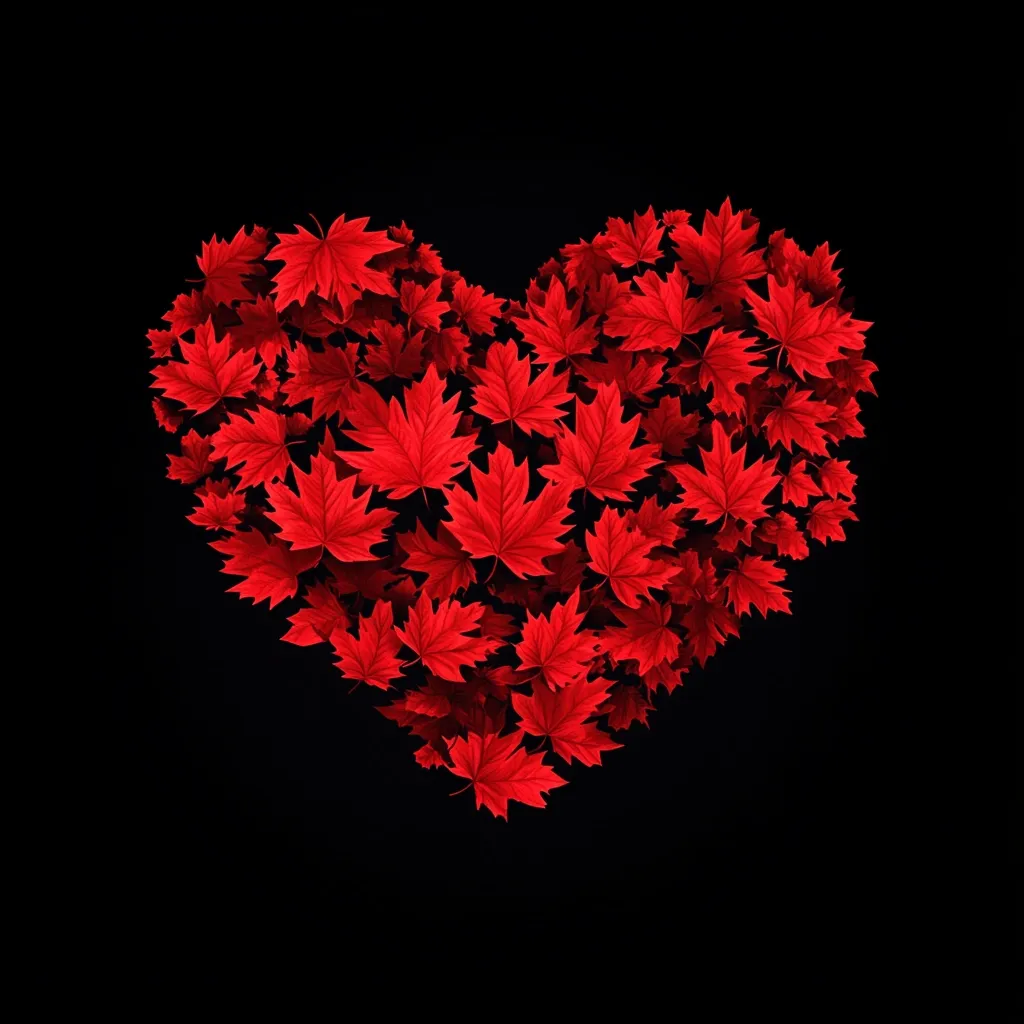 A heart shape is formed by numerous vibrant red maple leaves against a stark black background. The leaves are densely packed, creating a rich, textured heart.  The image is visually striking, symbolizing love or affection, perhaps with a autumnal or Canadian theme.  The contrast between the red leaves and the black background enhances the heart's shape and color.