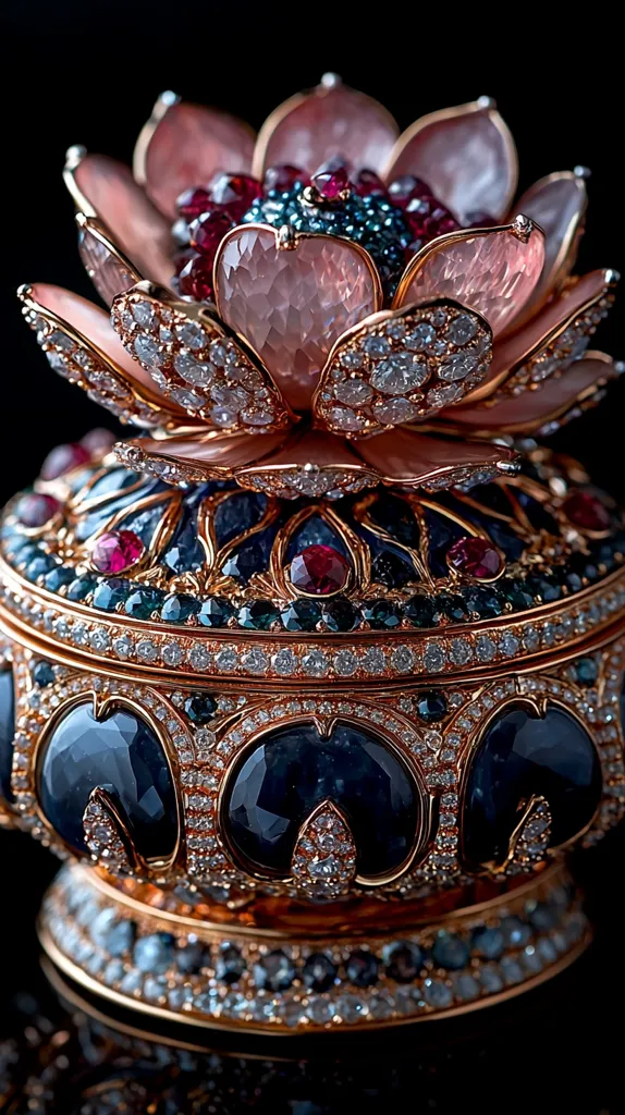 A lavishly jeweled box, shaped like a lotus flower, is showcased.  The pink lotus blossom is meticulously crafted with rose gold detailing and numerous diamonds. The base is a darker hue, adorned with sapphires, rubies, and more diamonds, creating a striking contrast.  The exquisite craftsmanship and rich colors make it a breathtaking piece.