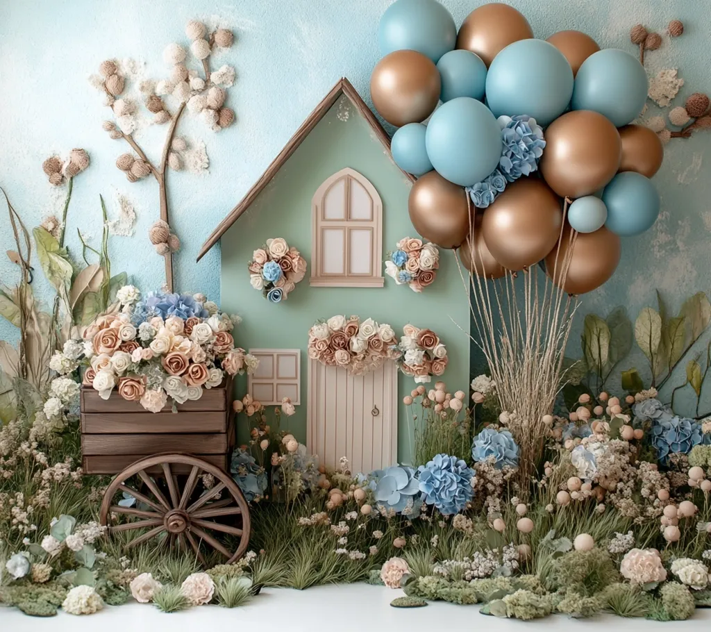 A charming miniature house sits amidst a whimsical floral arrangement.  A wooden cart overflowing with pastel roses is positioned near the house.  A cluster of blue and gold balloons floats above, adding a festive touch.  Delicate, dried flowers and greenery create a lush, fairytale-like setting, perfect for a photo backdrop or children's party decoration.  The overall aesthetic is soft, romantic, and dreamy.
