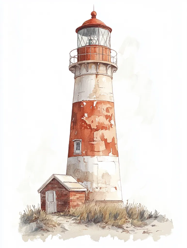 A watercolor painting depicts a weathered lighthouse, its red and white tower showing signs of age.  A small brick keeper's house sits at its base.  Tall grasses surround the structure, suggesting a coastal location. The lighthouse stands tall against a muted, light background, highlighting its aged beauty and solitary presence. The overall style is realistic with soft, delicate watercolor washes.