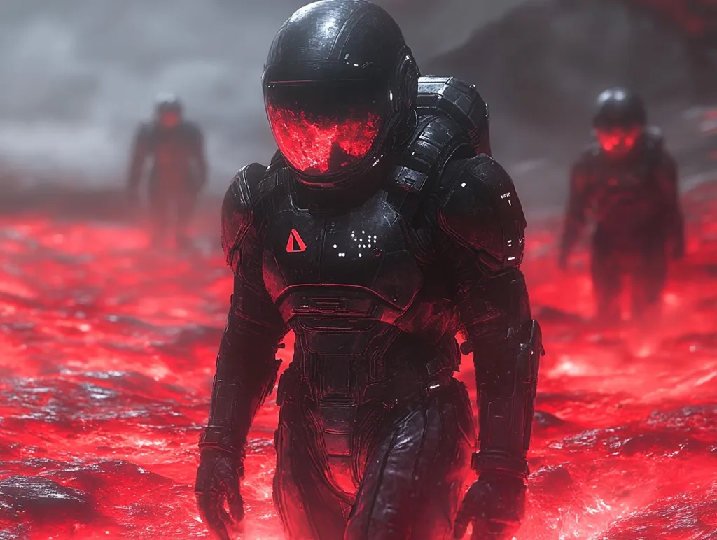 A futuristic astronaut in dark armor wades through a fiery, red, lava-like landscape.  Two other figures, similarly clad, are visible in the background, also traversing the hazardous terrain. The scene is ominous, suggesting a perilous mission or a hostile environment. The astronaut's helmet reflects an internal red glow, intensifying the dramatic atmosphere.