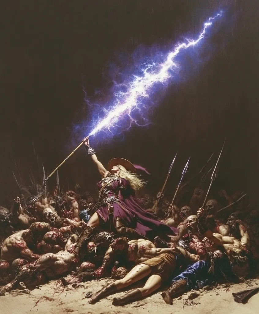 A powerful sorceress, clad in purple robes and a wide-brimmed hat, stands triumphantly amidst a battlefield strewn with the bodies of fallen warriors.  She wields a staff crackling with vibrant purple lightning, the source of their defeat.  The scene is dramatic and dark, highlighting the sorceress's immense power and the devastating consequences of her magic.  Blood stains the sand, creating a stark contrast to the ethereal energy surging from her staff.
