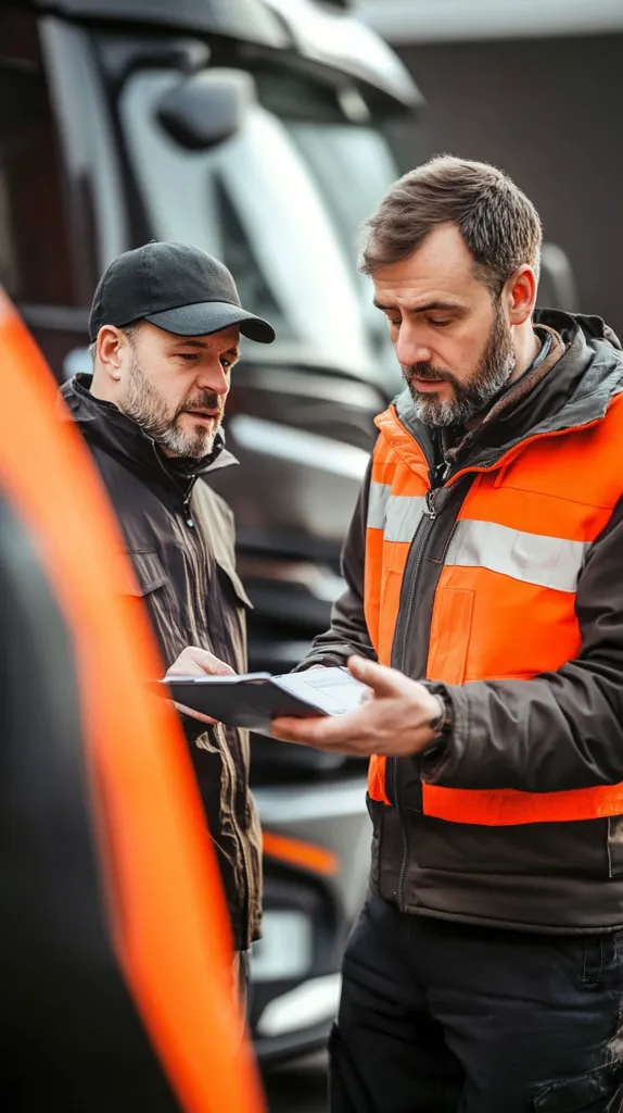 Two men stand reviewing paperwork outdoors near a large truck. One man wears a black jacket and baseball cap, the other an orange safety vest over a dark jacket.  They appear focused on the documents, possibly conducting an inspection or discussing logistics related to the truck. The setting suggests a work environment, perhaps a trucking yard or transportation hub.