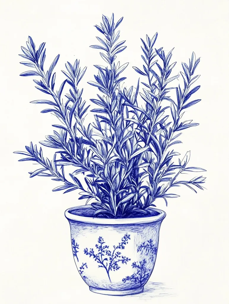 A detailed blue ink pen drawing depicts a potted rosemary plant. The plant is lush and full, with numerous slender leaves extending outward. The pot is round and decorated with a delicate blue floral pattern reminiscent of blue and white porcelain. The style is realistic, showcasing the texture of both the plant and the pot's surface.  The overall impression is one of calm and natural beauty.