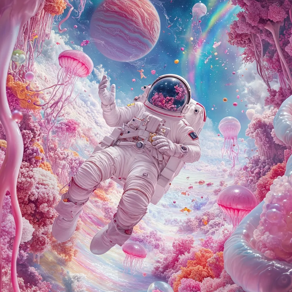 An astronaut floats amidst a surreal, pastel landscape.  Pink jellyfish drift alongside blossoming coral-like formations under a rainbow.  A large, pink planet hangs in the distance, adding to the dreamlike atmosphere. The astronaut, seemingly at peace, gazes upon this fantastical underwater-like space scene.  The overall effect is one of otherworldly beauty and tranquility.