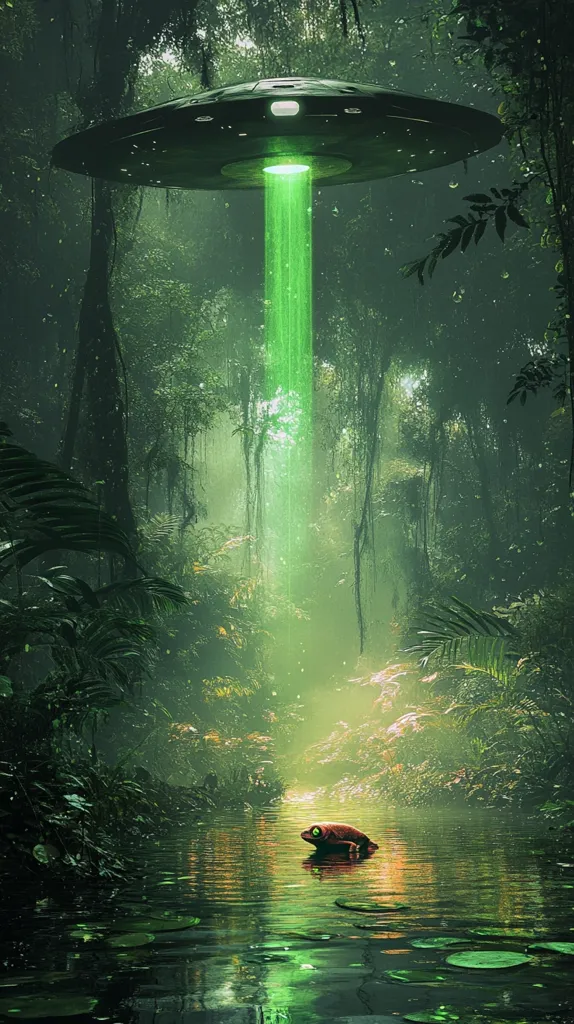 A classic flying saucer hovers over a lush, green jungle, emitting a vibrant green beam of light that illuminates a tranquil stream.  A frog sits serenely on a lily pad in the water below. The scene is dreamlike and mysterious, evoking a sense of otherworldly exploration and the unexpected encounter of alien and earthly life. The overall atmosphere is peaceful yet subtly unnerving.