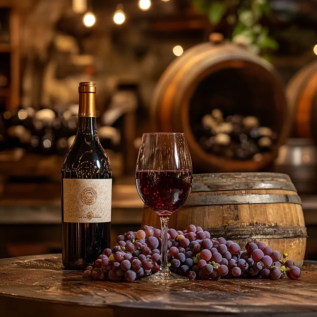 A bottle of red wine sits on a wooden table next to a glass of red wine and a bunch of red grapes.  The background is a blurred but visible wine cellar with oak barrels, suggesting a winery setting. The image evokes a sense of warmth and the traditional winemaking process.  The lighting highlights the wine and grapes, creating a visually appealing composition.