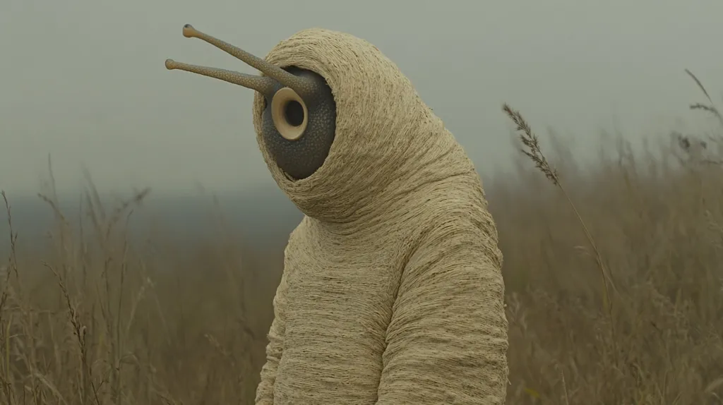 A creature resembling a snail, cloaked in a textured, beige, almost fabric-like material, stands in a field of tall, dry grass.  Its head is partially obscured by the covering, revealing only a circular, dark eye and two slender, antennae-like appendages. The overall atmosphere is muted and somewhat melancholic, with a hazy, indistinct background.