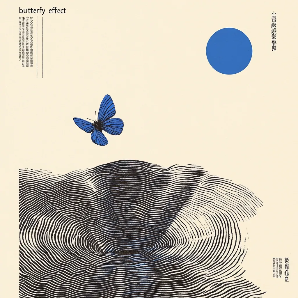 A minimalist poster titled "butterfly effect" features a blue butterfly above a stylized black and white vortex, evoking a sense of chaos and change.  A solid blue circle is positioned in the upper right corner.  The design is clean and evocative, suggesting the impact of small actions on larger systems.  The text, partially in a non-English language, adds to the artistic presentation.
