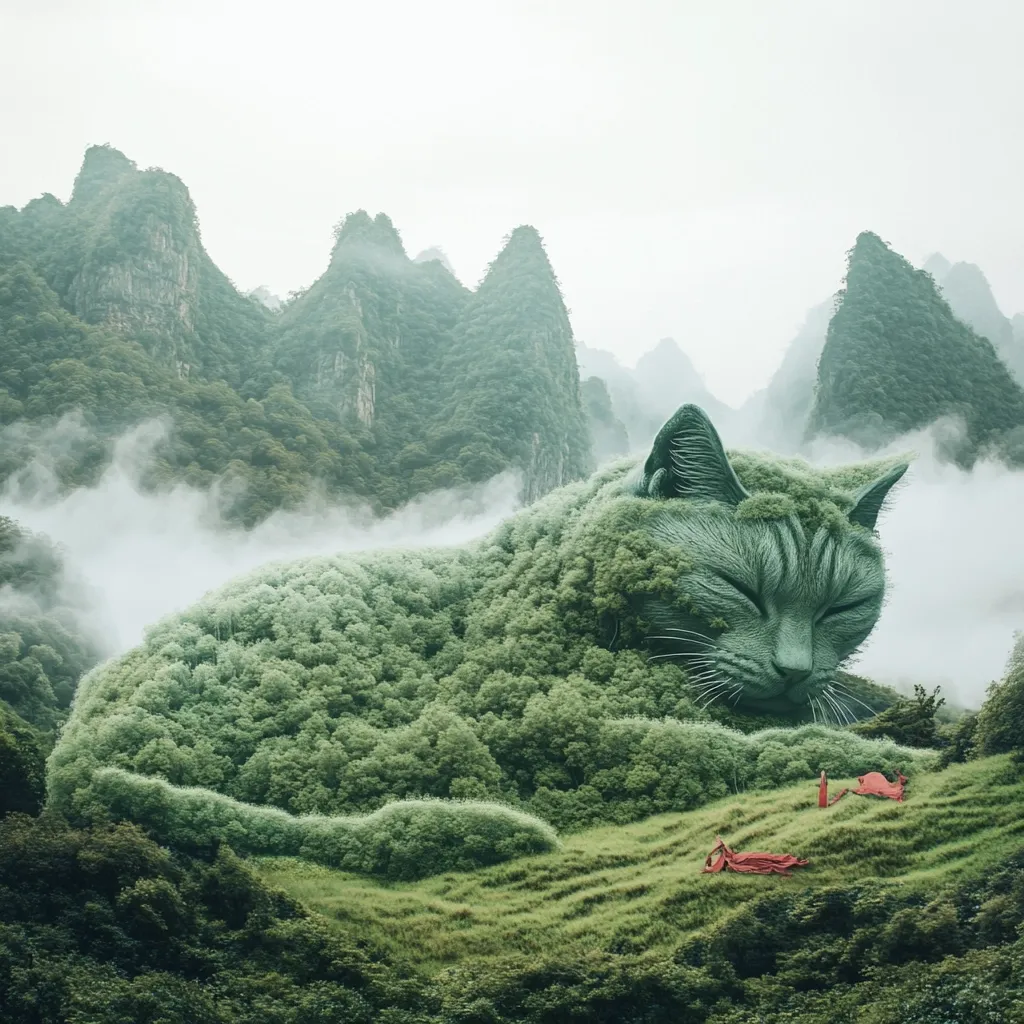 A giant cat, formed from lush green foliage, sleeps peacefully amidst a misty mountain range.  The cat's form is subtly visible within the dense vegetation, its serene expression contrasting with the dramatic landscape. Tiny figures in red are visible in the foreground, emphasizing the cat's immense scale. The scene blends fantasy and nature, creating a surreal and tranquil atmosphere.