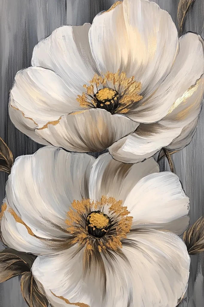A close-up painting of two large, pale white flowers, possibly poppies, against a muted gray background.  The flowers are rendered with visible brushstrokes, and their centers are accented with gold paint.  The overall style is elegant and modern, emphasizing texture and subtle color variations.  Darker gray-brown foliage is subtly present.