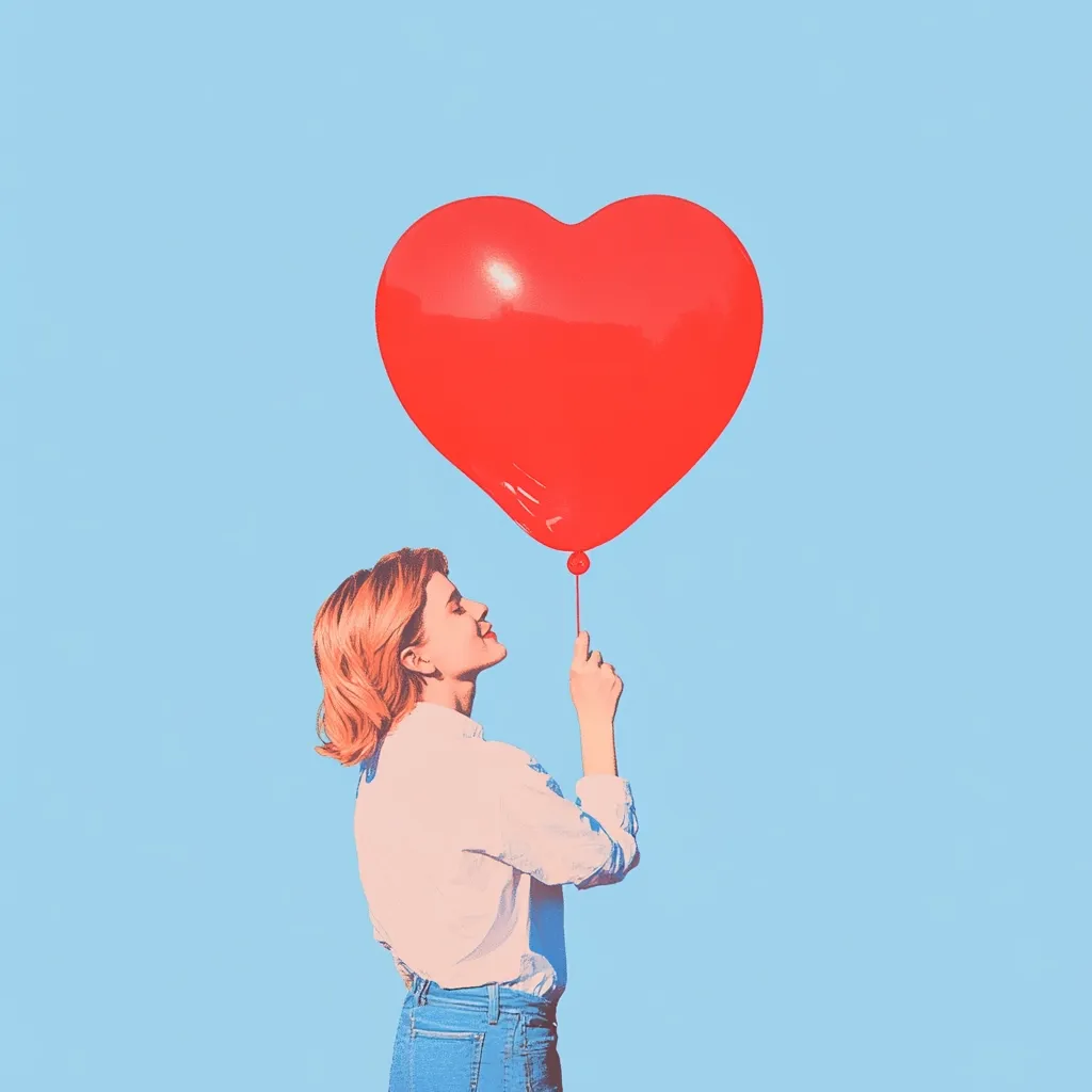 A young woman with short blonde hair, wearing a white shirt and jeans, stands in profile against a pale blue background.  She gently holds a large, heart-shaped red balloon, her gaze directed upward, suggesting a feeling of joy or contentment. The image is stylized with a slightly vintage or retro aesthetic.