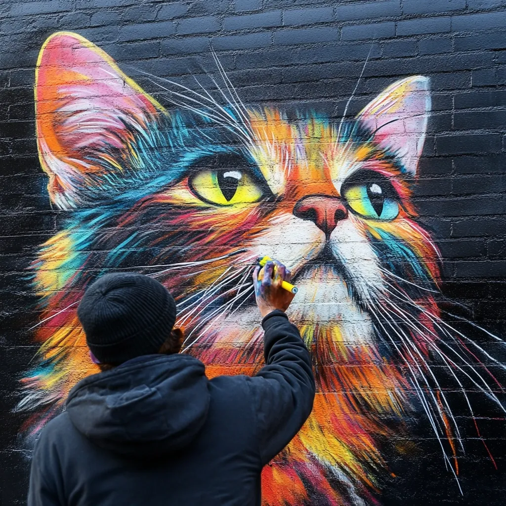 A vibrant mural of a cat's face is being painted on a dark brick wall.  The cat is depicted in a colorful, almost surreal style, with bright oranges, blues, and greens.  The artist, seen from behind, is carefully adding detail using a paint marker, focusing intently on their work. The scene showcases the artistry and detail involved in creating large-scale street art.