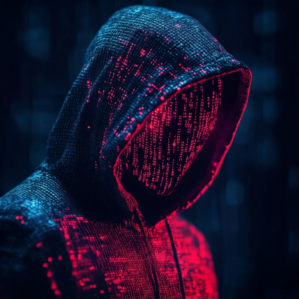 A hooded figure is shrouded in darkness, their face obscured by the deep shadows of their hood.  The fabric of their clothing shimmers with lines of glowing red code, creating a striking contrast against the dark blue hues.  The image evokes a sense of mystery and intrigue, possibly representing a hacker or anonymous online persona. The overall effect is both captivating and slightly unsettling.