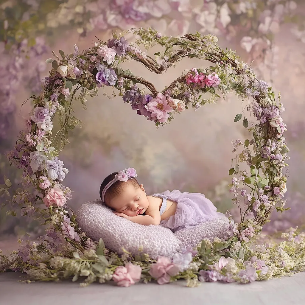 A newborn baby girl sleeps soundly on a lavender pillow nestled within a heart-shaped floral arrangement.  Delicate pastel flowers, including roses and hydrangeas, adorn the whimsical, vine-based heart.  The baby wears a matching lavender headband and tutu, creating a dreamy, romantic scene. The backdrop is a soft, muted purple, enhancing the overall ethereal feel of the photograph.