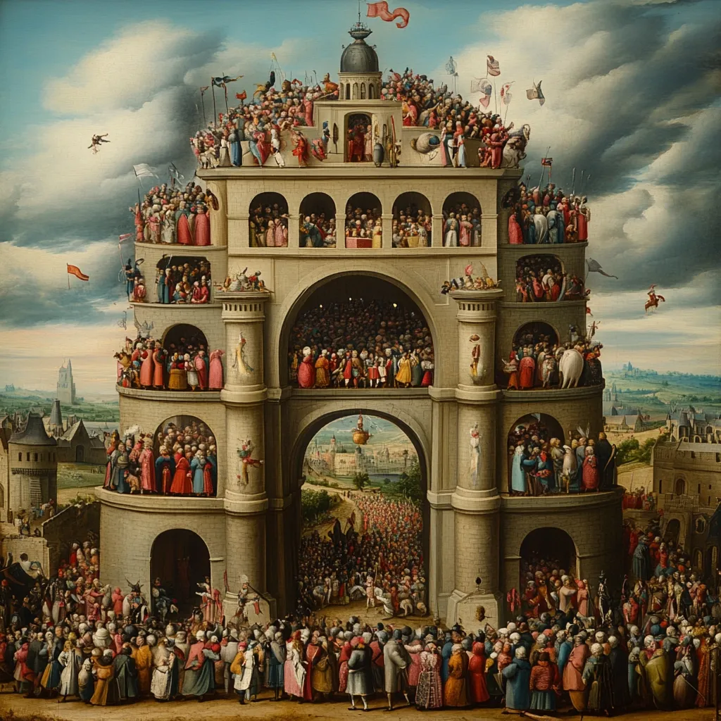 A bustling, multi-layered triumphal arch dominates a 16th-century Flemish painting.  Crowds fill its numerous levels and balconies, showcasing a variety of figures in period clothing.  A procession winds towards the arch's central passage, leading to a distant city.  The sky is dramatic, hinting at a narrative of grandeur and perhaps human folly, rendered in exquisite detail.  The scene is rich with symbolism, suggesting societal structures and the passage of time.